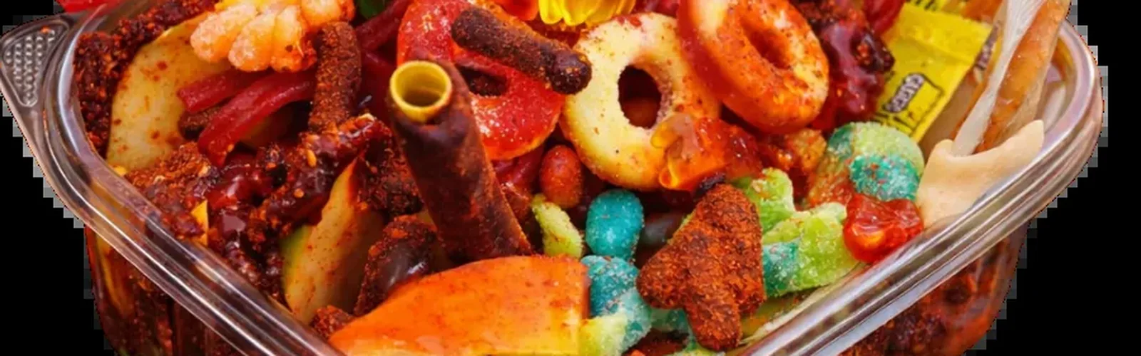 Loaded pork rinds with fruit, candy and chamoy at Erica's World's Best Mexican Desserts