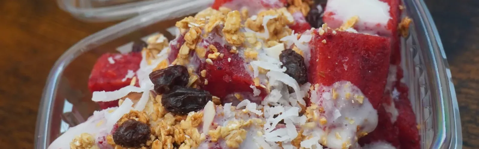 Strawberries with cream, coconut, raisins and granola at Erica's World's Best Mexican Desserts