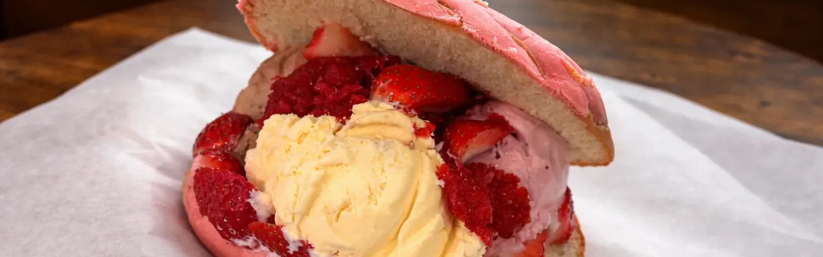 Mexican sweet bread with ice cream and fresh strawberry at Erica's World's Best Mexican Desserts
